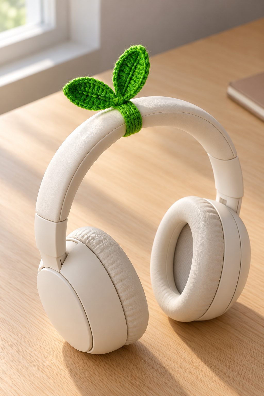 A green crochet leaf sprout wrapped around the band of a pair of over-ear headphones, its two leaves standing up on top