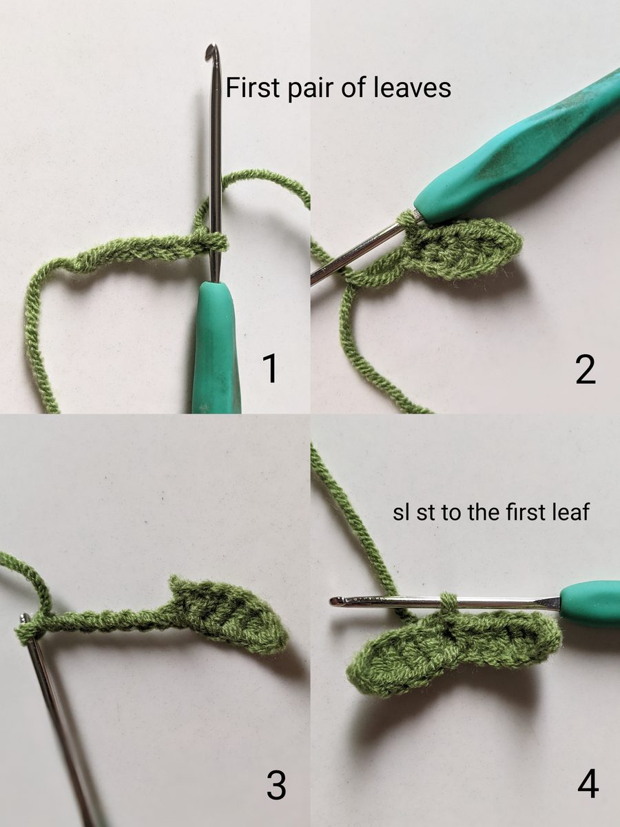 Four-step collage of crocheting the first pair of green leaves and joining them with a slip stitch