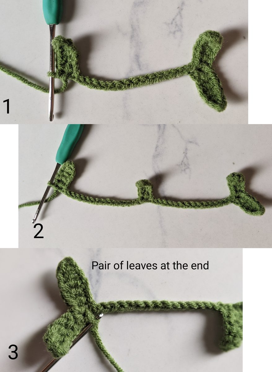 Three-step collage of the green crochet vine: a stem section, a single leaf along the chain and the pair of leaves at the end