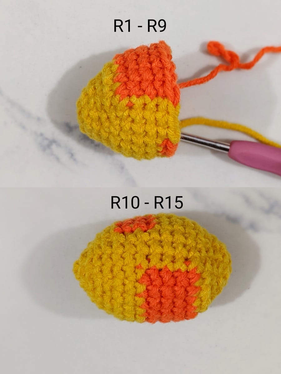 Crochet goldfish body in yellow with orange patches, shown after rounds 1 to 9 and after rounds 10 to 15