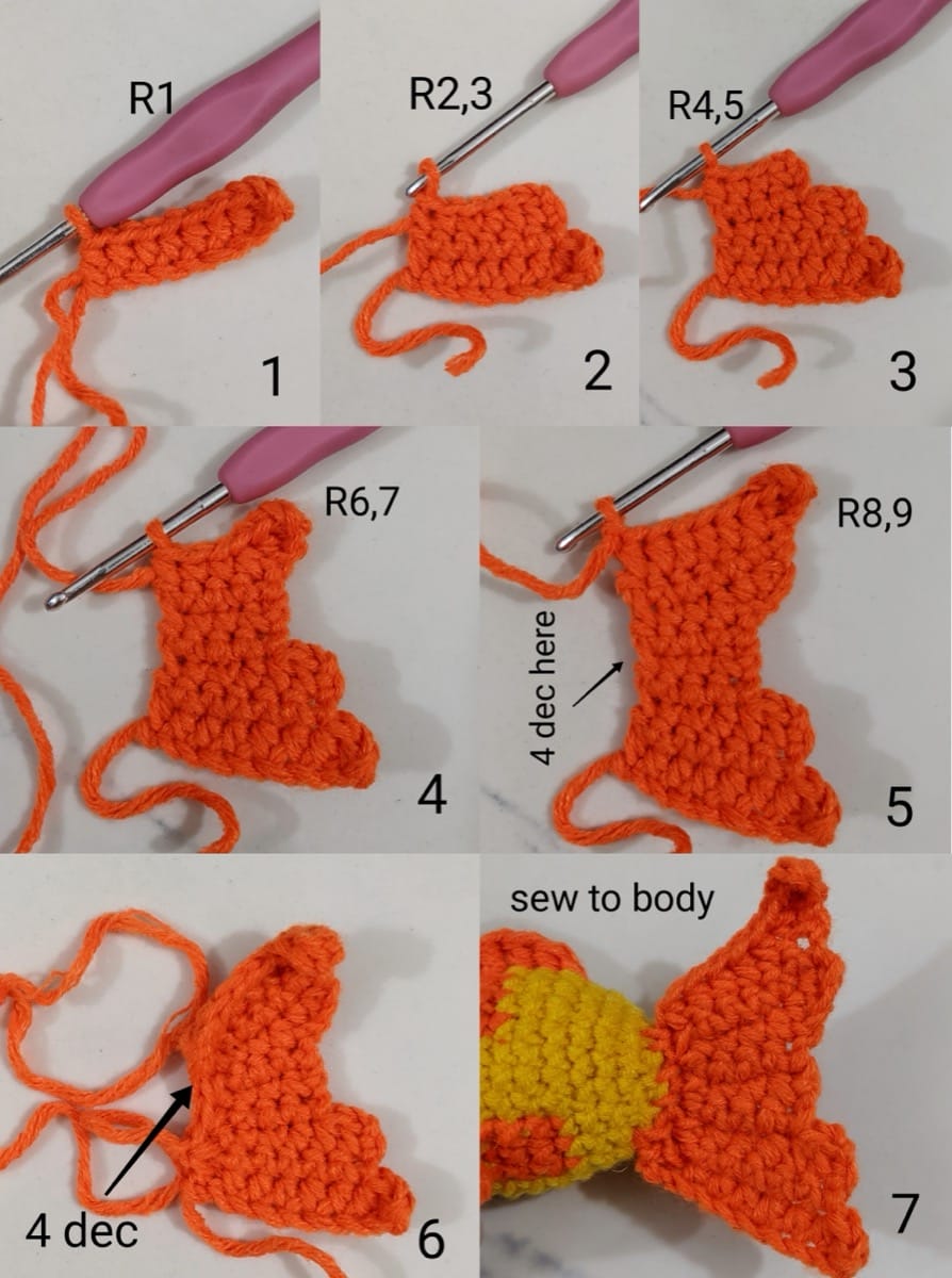 Seven numbered step photos of the orange goldfish tail being crocheted in rows, the four decreases at the base, and the finished tail sewn to the body