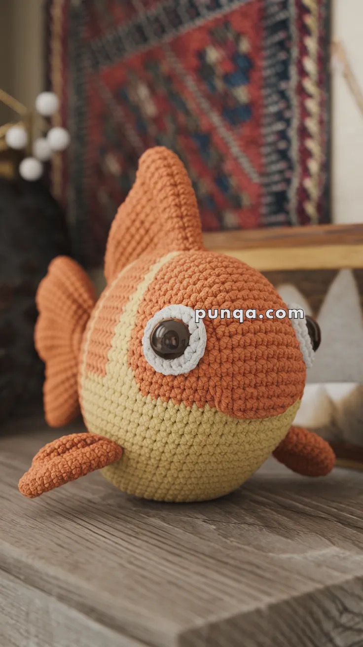 Chubby two-tone crochet goldfish with big eyes ringed in white and a tall orange tail, sitting on a shelf